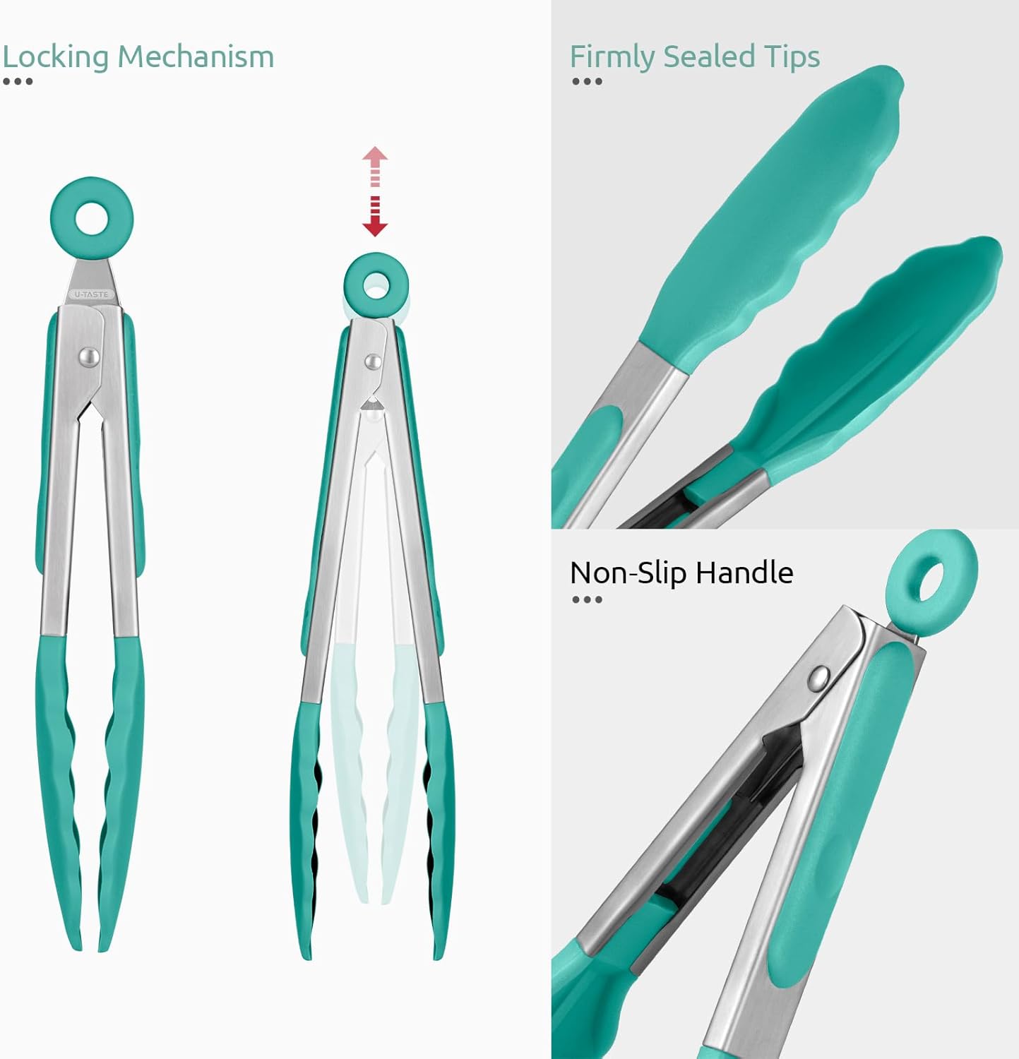 480ºF Heat Resistant Kitchen Tong: U-Taste 7in Silicone Cooking Tong with Firm Sealed Non Stick Rubber Tips & Silicon Coated 18/8 Stainless Steel Handle & Smooth Locking for Serving Salad (Aqua Sky)