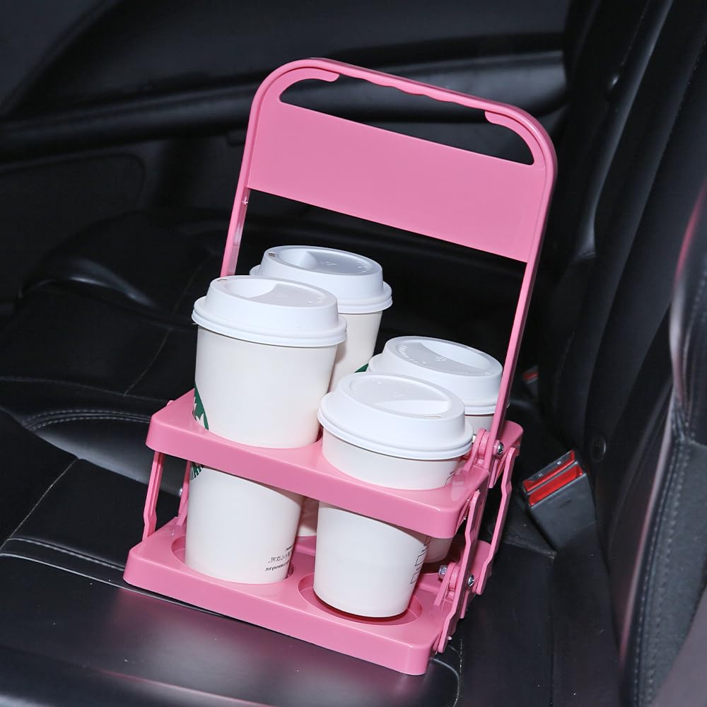 Bodaon 4 Cup Drink Carrier with Handle, Plastic Cup Carriers for Drinks, Drink Holder for Car, GrubHub/Eats Doordash Accessories, Portable Foldable Reusable Mobile, Use for Food Delivery Bag, Pink