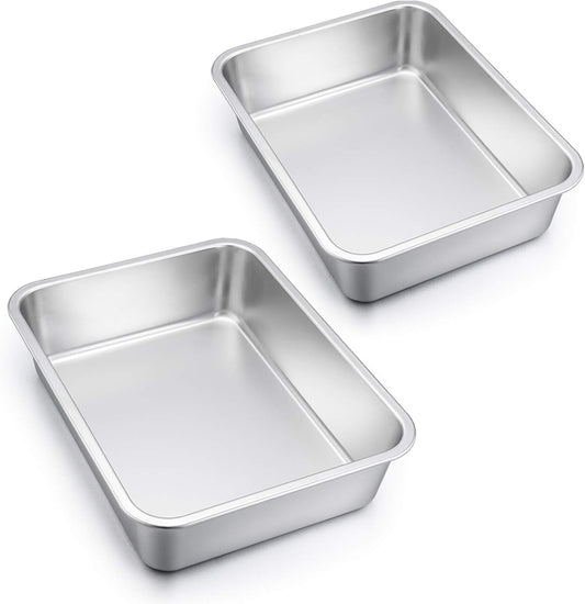 E-far Lasagna Pan Set of 2, Deep Stainless Steel Baking Pans, 12.75 x10 x3.2 Inches Rectangular Metal Roasting Baking Dish Bakeware for Oven, Non-Toxic & Heavy Duty, Dishwasher Safe
