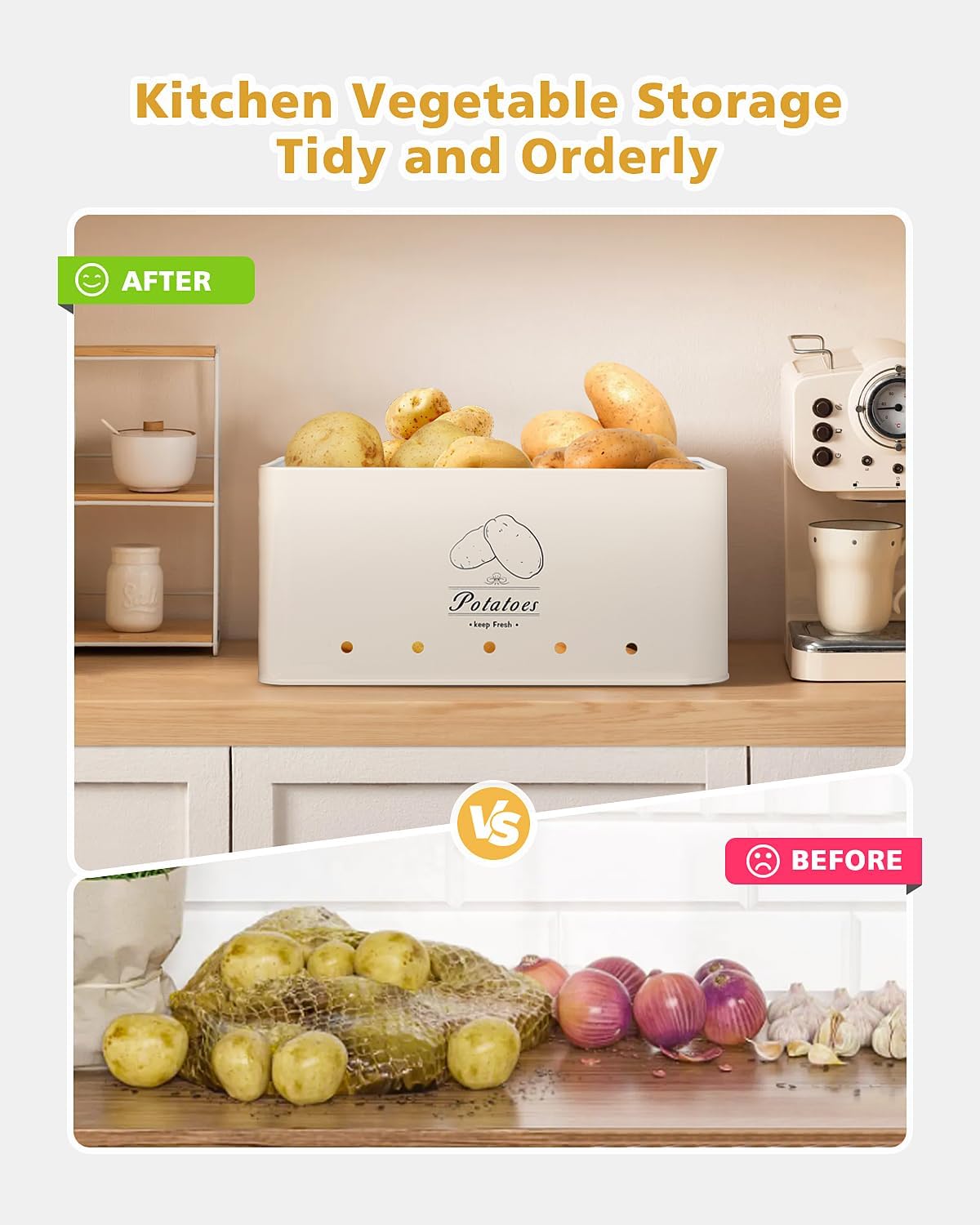 Kitchen Vegetable Storage Tins Set of 3 for Potatoes, Onion, Garlic, Vegetable Storage Containers with Ventilation and Bamboo cover, White metal material, Potato and Onion bin for Pantry