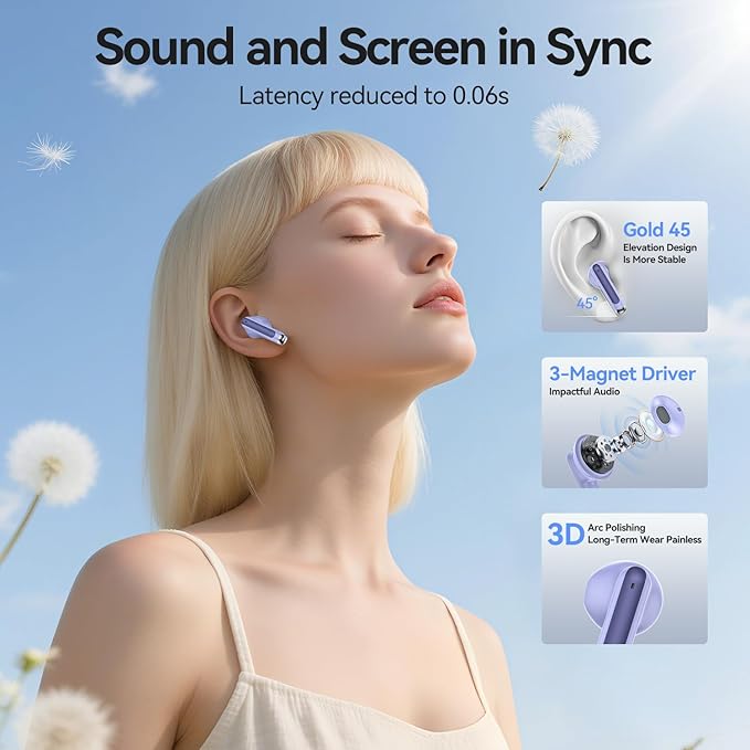 Wireless Earbuds, 2025 Bluetooth 5.3 Headphones HiFi Stereo 50H Playback Ear Buds with Led Digital Display, ENC Noise Cancelling Earbuds for Laptop Computer, iOS, Android, Purple