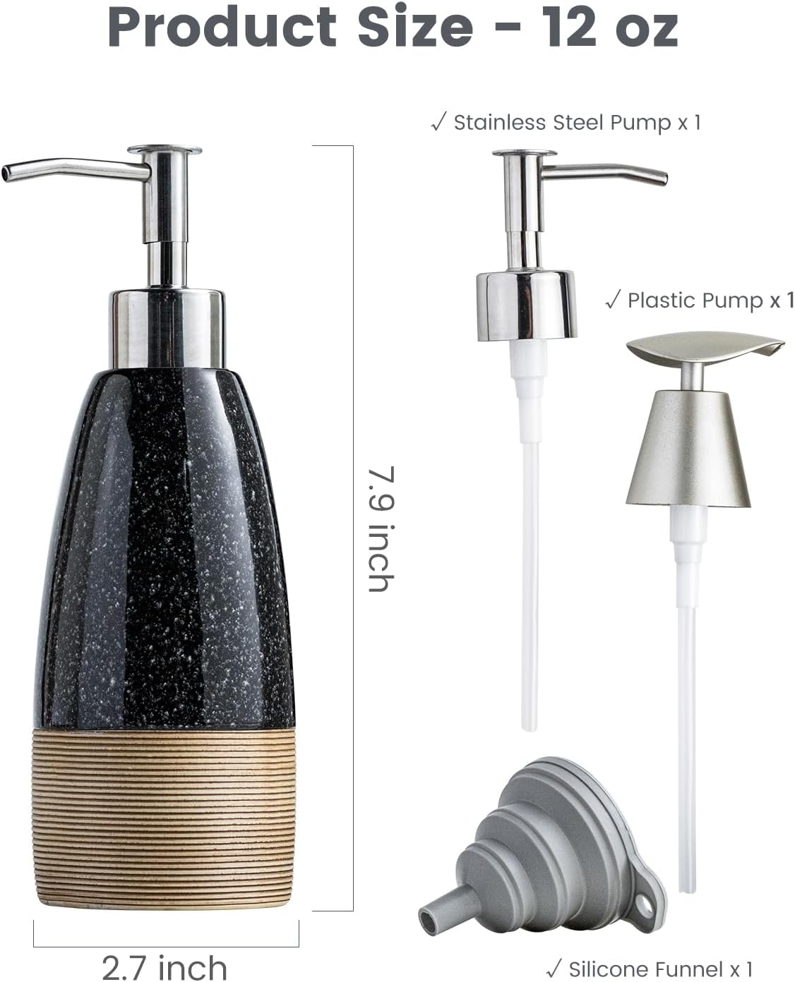 Ceramic Dish Soap Dispenser with Plastic Pump & Stainless Steel Pump for Hand Soap, Shampoo, Lotion, Conditioner, 12 oz Refillable Soap Bottle with Silicone Funnel for Bathroom & Kitchen, Black