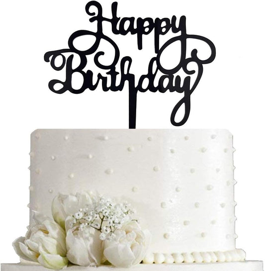Happy Birthday Cake Topper for Birthday Party Decorations - Black Acrylic