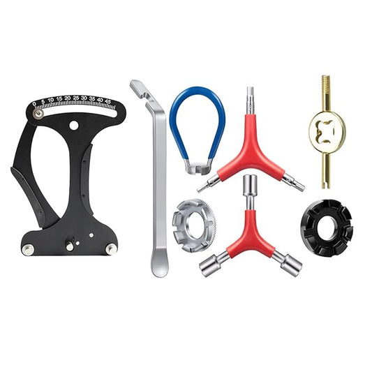 Bicycle Spoke Tension Meter Wrench Repair Tool Set, 8pcs Adjustment Bike Bicycle Spoke Indicator Tensiometer Wrench, Wheel Repair Tool W/Valve Wrench/Spoke Wrench/Tire Lever/Hex/Socket Wrench