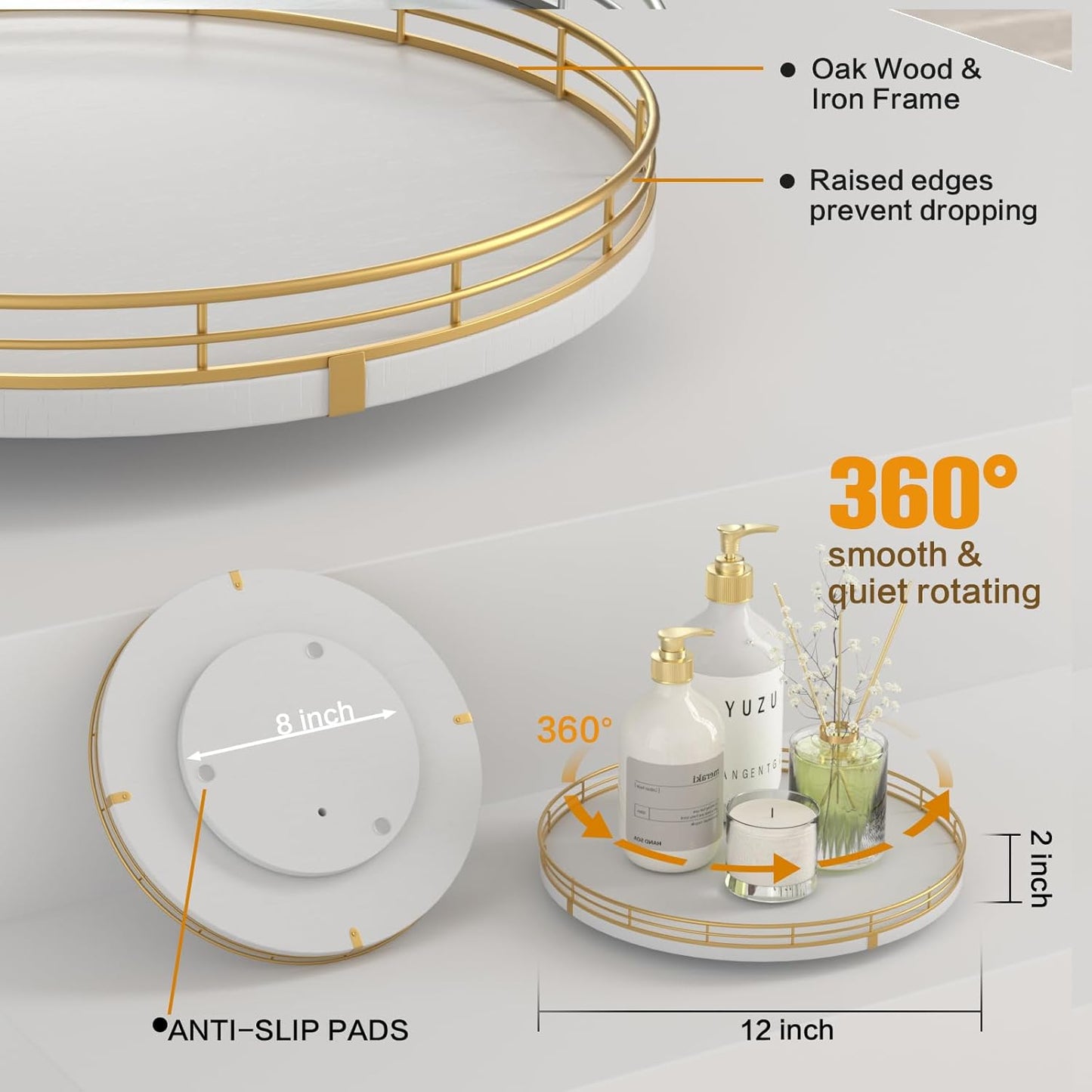 12" Wooden Lazy Susan Turntable for Cabinet – Round Rotating Spice Rack Organizer, White Kitchen Countertop Tray for Dining Table & Pantry Storage (White & Gold)