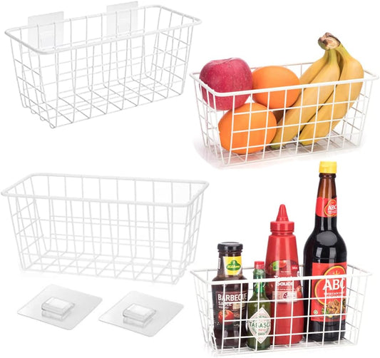 LeleCAT Hanging Kitchen Baskets For Storage Adhesive Sturdy Small Wire Storage Baskets No Drilling Wall Mounted Kitchen Food Pantry Bathroom Shelf Storage, 4 PACK,White