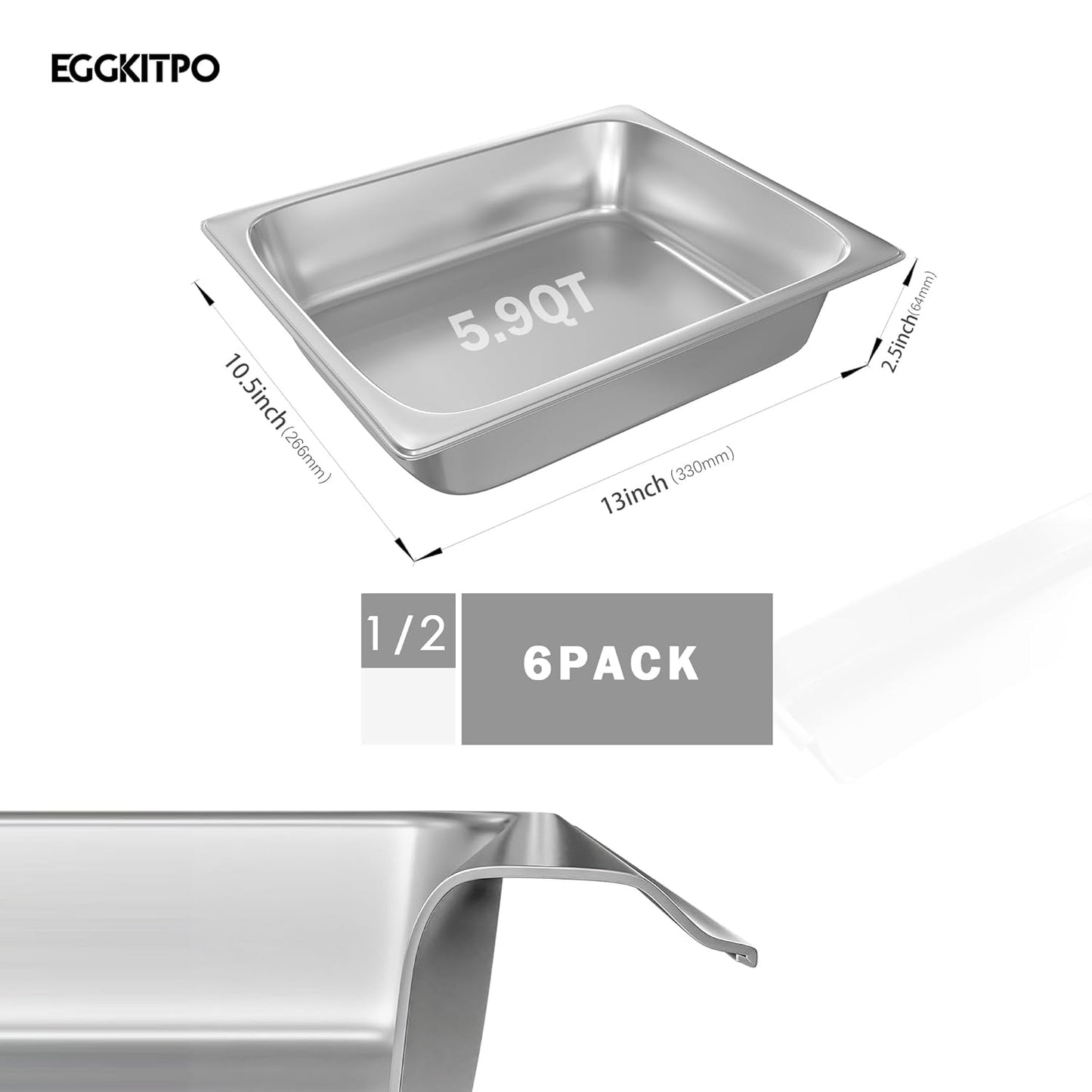 6-Pack 1/2 Size Stainless Steel Catering Pan, 2.5 Inch Deep Hotel Pan for Restaurant, Buffet, Party Supplies
