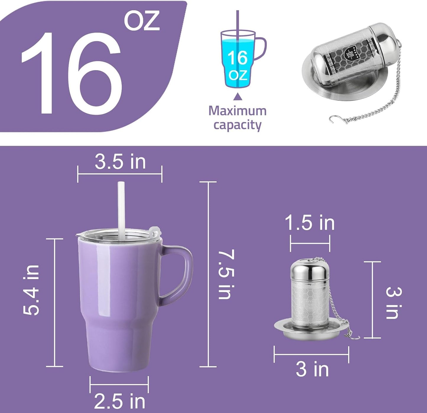 Sweejar Ceramic Travel Mug with Lid, 16 oz Portable Coffee Mug, Dishwasher Safe Tea Cup with Infuser, Reusable Teacup for Car Cup Holder, Tea Lovers(Purple)