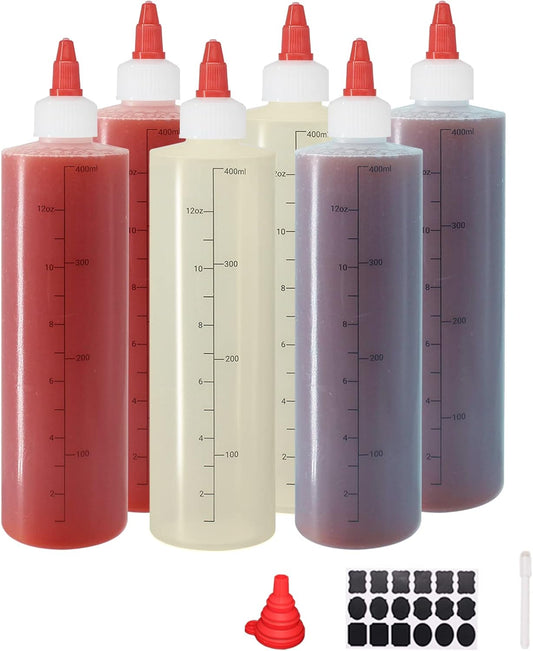 6 Pack 12 oz Graduated Plastic Squeeze Squirt Condiment Bottles with Red Twist On Cap Lids - for Condiments, Oil, Icing, Liquids–with Extra 1 Silicone Funnel, 18 Chalk Labels and 1 Pen