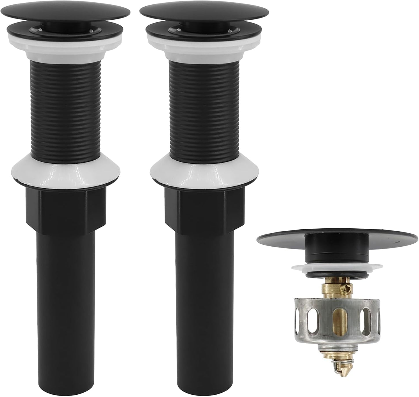 Bathroom Sink Drain,2 Pack Drain Stopper Without Overflow,Pop Up Drain Assembly with Detachable Strainer Basket,Built-in Anti-Clogging, Stainless Steel Nut Mattle Black