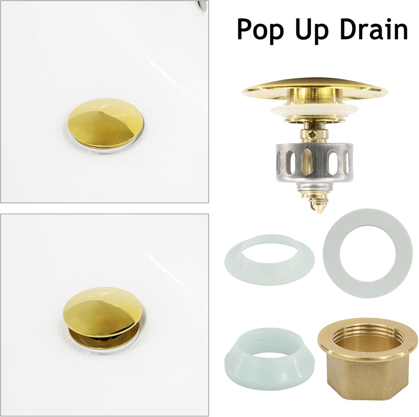 Bathroom Sink Drain, 2 Pack Gold Drain Stopper with Overflow,Pop Up Drain Assembly with Detachable Strainer Basket,Built-in Anti-Clogging Strainer,Stainless Steel