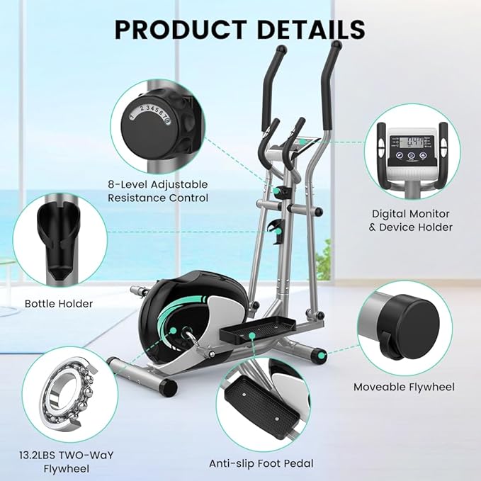 Dripex Elliptical Exercise Machine, Hyper-Quiet Elliptical Machine for Home, Magnetic Elliptical Training Machines with 8-Level Resistance, 6KG Flywheel, LCD Monitor, Pulse Sensor