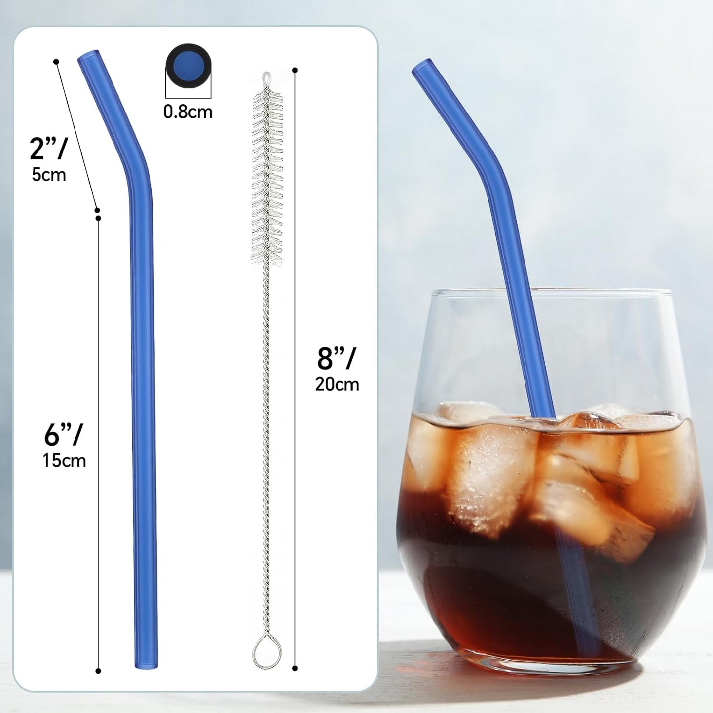 12 Pcs Reusable Glass Straws 8"x 8 mm Bent Glass Drinking Straws with Cleaning Brush for Tea, Smoothies, Milkshakes, Juices,Beverages(Light blue)