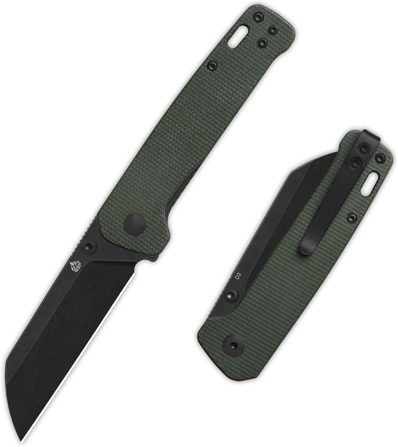 QSP Penguin V2 Folding Pocket Knife, 3.06" D2 Black Stonewash Blade EDC Knife, Green Micarta Handle, Liner Lock, Ceramic Ball Bearings, Reversible SS Deep Carry Clip