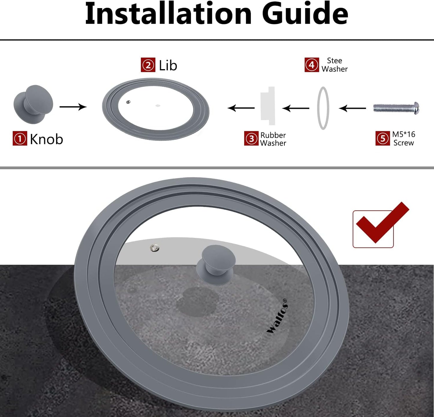 Universal Lid for Pots, Pans and Skillets - Walfos Tempered Glass Pan Lid with Heat Resistant Silicone Rim, BPA Free Large Pot Lids Fits 9.5", 10" and 11" Diameter Cookware, Dishwasher-Safe, Grey