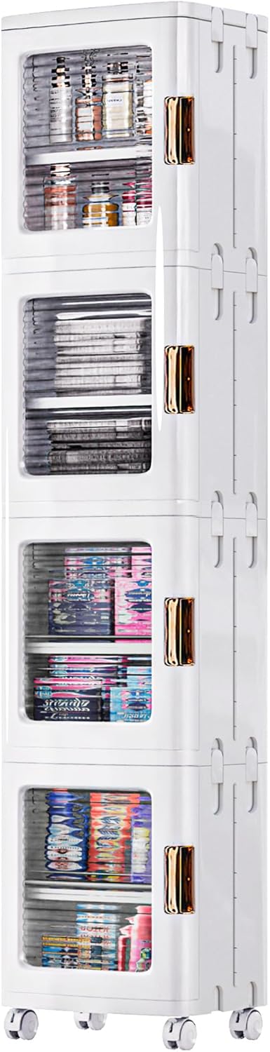 VECELO 4-Tier Plastic Tall Narrow Storage Cabinet with Movable Wheels, Adjustable Shelves, Magnetic Doors, Slim Bathroom Organizers and Storage for Small Space, Bathroom, Kitchen, Laundry, White