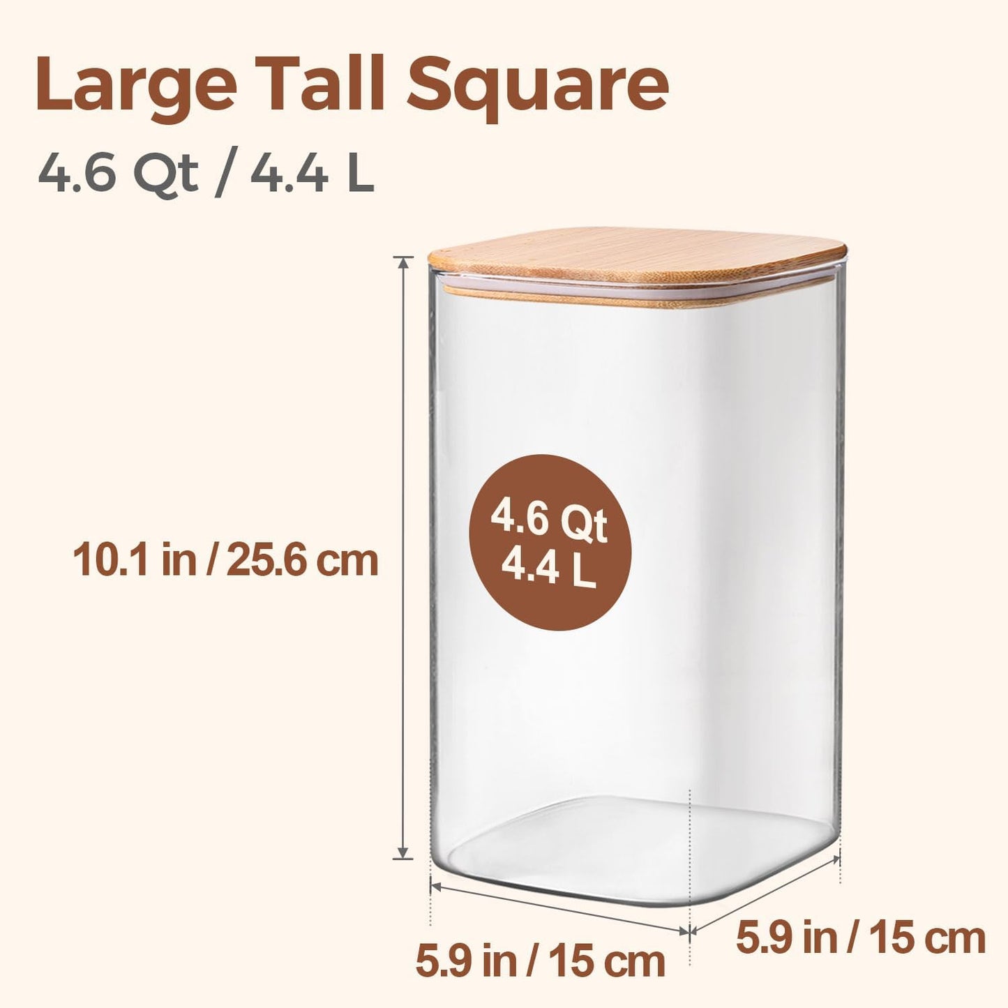 ComSaf 4.6Qt Glass Food Storage Containers, 1.2 Gallon Glass Flour and Sugar Containers with Airtight Lids, Large Square Jars with Bamboo Lids for Rice, Pasta, Oats, Grains, Cookies, Coffee Beans