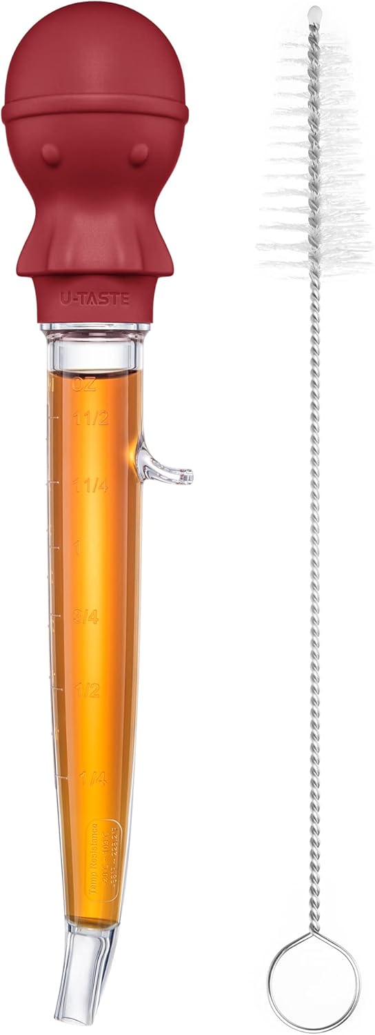 U-Taste 1.5oz Angled Turkey Baster - 228.2ºF Heat Resistant Food Grade Tritan and Silicone Large Octopus Bulb Baster Set with Cleaning Brush for Cooking Basting Meat Poultry Beef Chicken (Red)