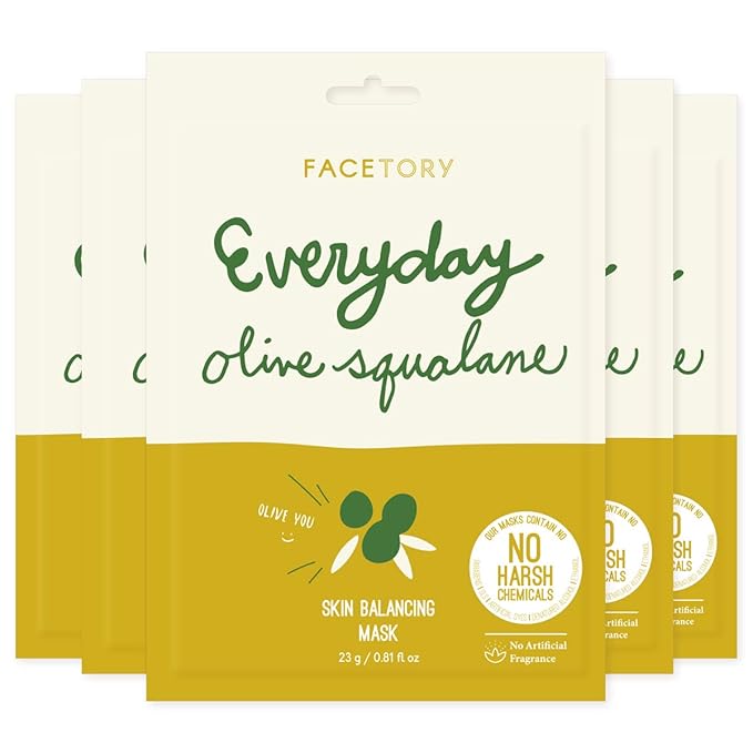 FACETORY K Beauty Face Mask Skin Care - Everyday OLIVE Skin Balancing Sheet Mask | Plant-Based with Squalane Oil (5 Pack)