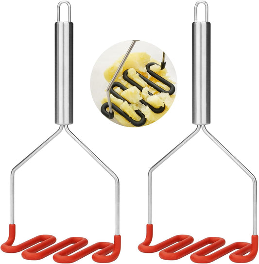 SHIKORI Non-Scratch Silicone Potato Masher Kitchen Tool, Potatoes Masher Potato Masher Stainless Steel Wrapped In Premium Silicone, Potato Smasher 2 Pcs-Red