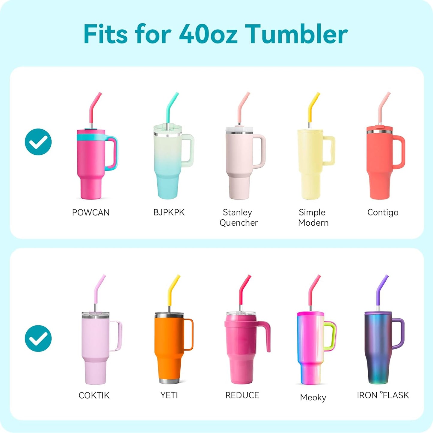 40 oz Straight Metal Straws for 40 oz Stanley Tumbler, 6 Pcs Stainless Steel Reusable Drinking Metal Straw with Colourful Silicone Tips,Straw for Glass Cups, BPA FREE