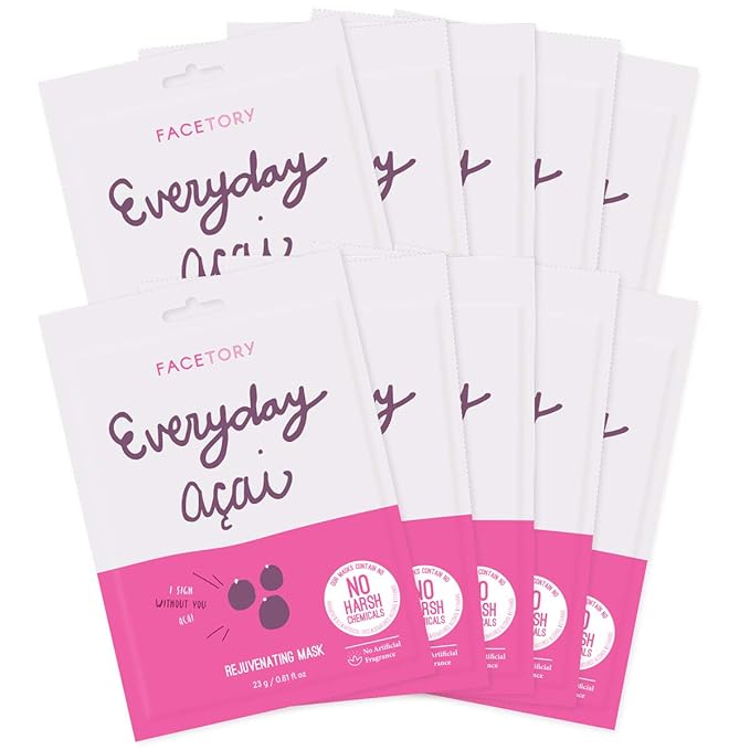 FACETORY K Beauty Face Mask Skin Care - Everyday ACAI Rejuvenating Sheet Mask | Plant-Based with Acai Infusion (10 Pack)