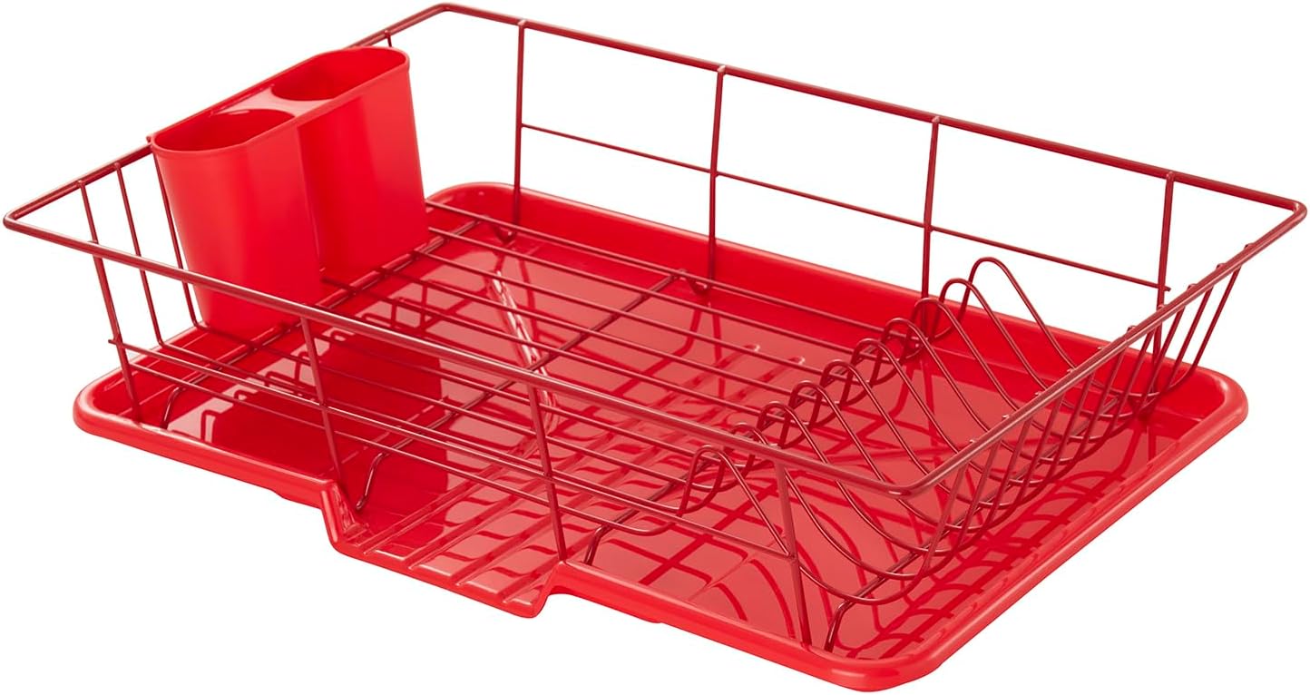 Sweet Home Collection Space-Saving 3-Piece Dish Drainer Rack Set: Efficient Kitchen Organizer for Quick Drying and Storage - Includes Cutlery Holder and Drainboard - Maximize Countertop Space, Red