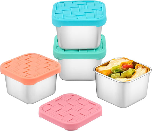 4PC 6oz Stainless Steel Snack Containers for Kids, BPA-Free Metal Toddler Snack Containers with Silicone lids, Leakproof Reusable Lunch Containers for School, Travel, Bento, Daycare