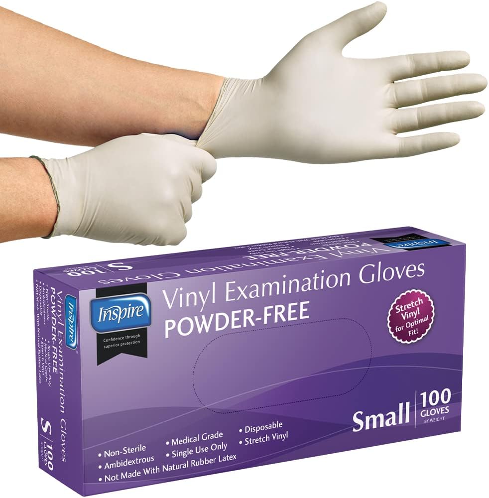 Inspire Exam Grade Powder & Latex Free Stretch Vinyl Gloves, Small, 100 Count