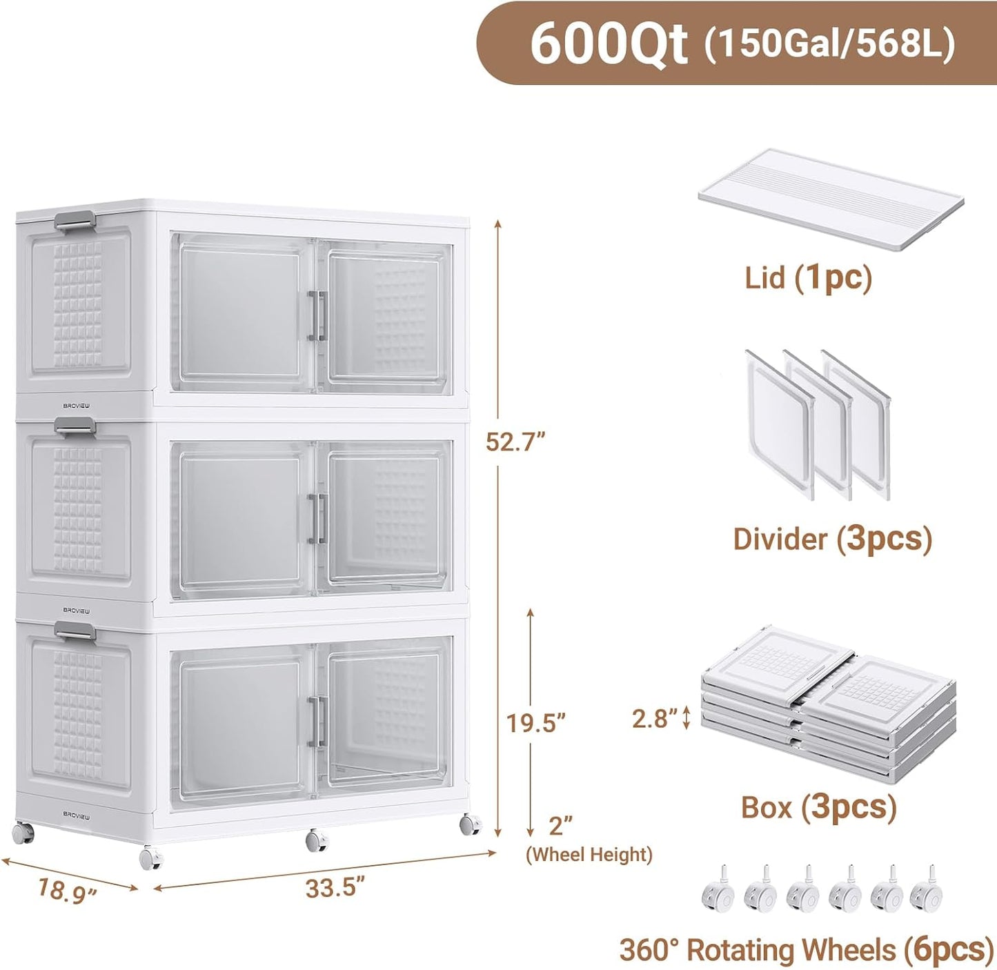 52.7"H 150Gal Plastic Storage Bins with Lid & Wheels,3Pack Extra Large Stackable Storage Bins with Dividers,Closet Organizers and Storage Cabinet Shelves Collapsible Box for Home Kitchen,White