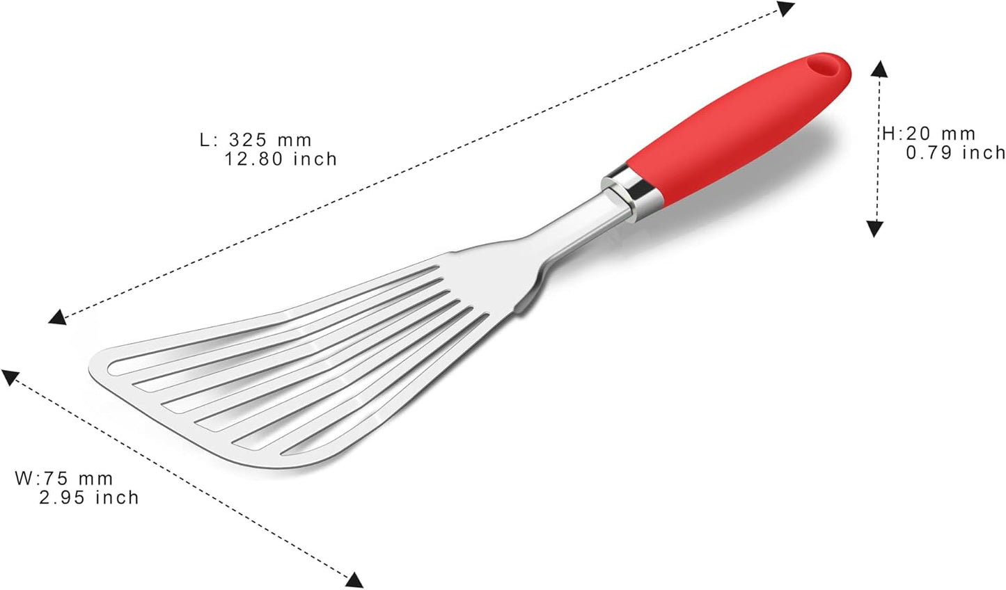 304 Stainless Steel Fish Spatula, Non-Slip Ergonomic Handle Slotted Spatula, Red