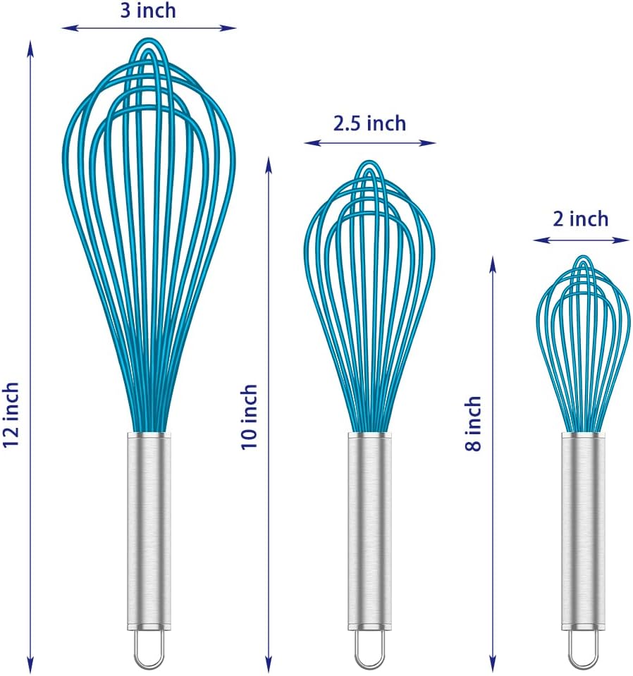 Silicone Whisk,Heat Resistant 480°F Whisks For Cooking Non Scratch,Stainless Steel wired wisk,Plastic Rubber Whisk Tool For Nonstick Cookware Pans,Silicon Wisks Set of 4,Blue