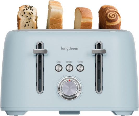 4-Slice Toaster 1.5" Extra Wide Slot Stainless Steel with High Lift Lever, 6 Presets & Bagel/Defrost/Cancel Function, Removal Crumb Tray, Under Base Cord Storage, Blue