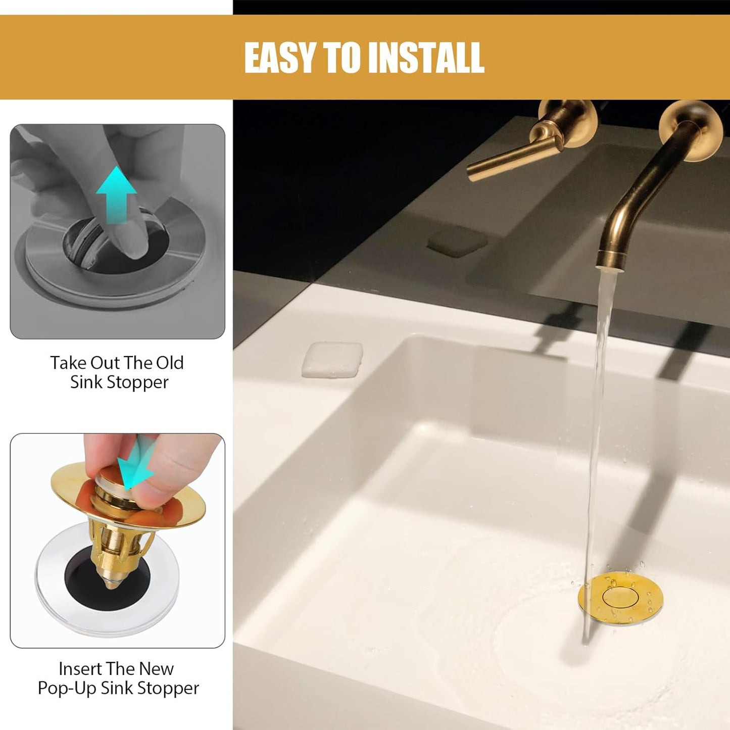 Three colors Bathroom Sink Stopper, 1.1-1.5" Bathroom Sink Drain Strainer, Universal WashBasin Pop Up Drain Stopper, Bounce Core Push Type Sink Plug, Anti-Clogging, Stainless Steel (Gold,1PCS)