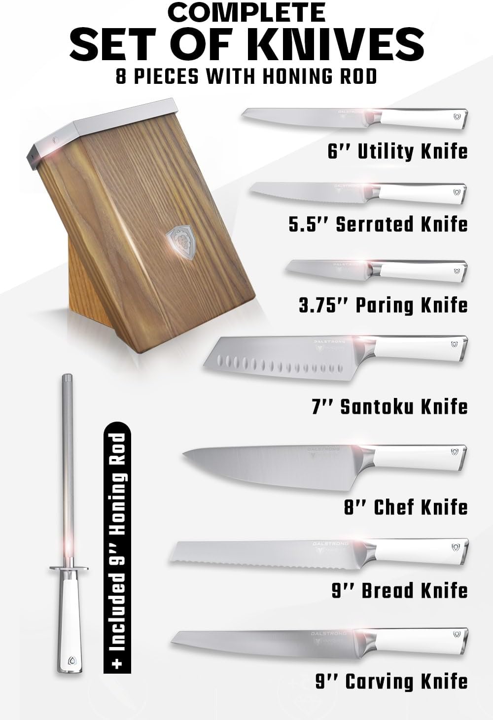 Dalstrong Knife Block Set - 8 Piece - Vanquish Series - Forged High Carbon German Steel - Kitchen Knife Set - Premium Wood Block - White POM Handle - NSF Certified