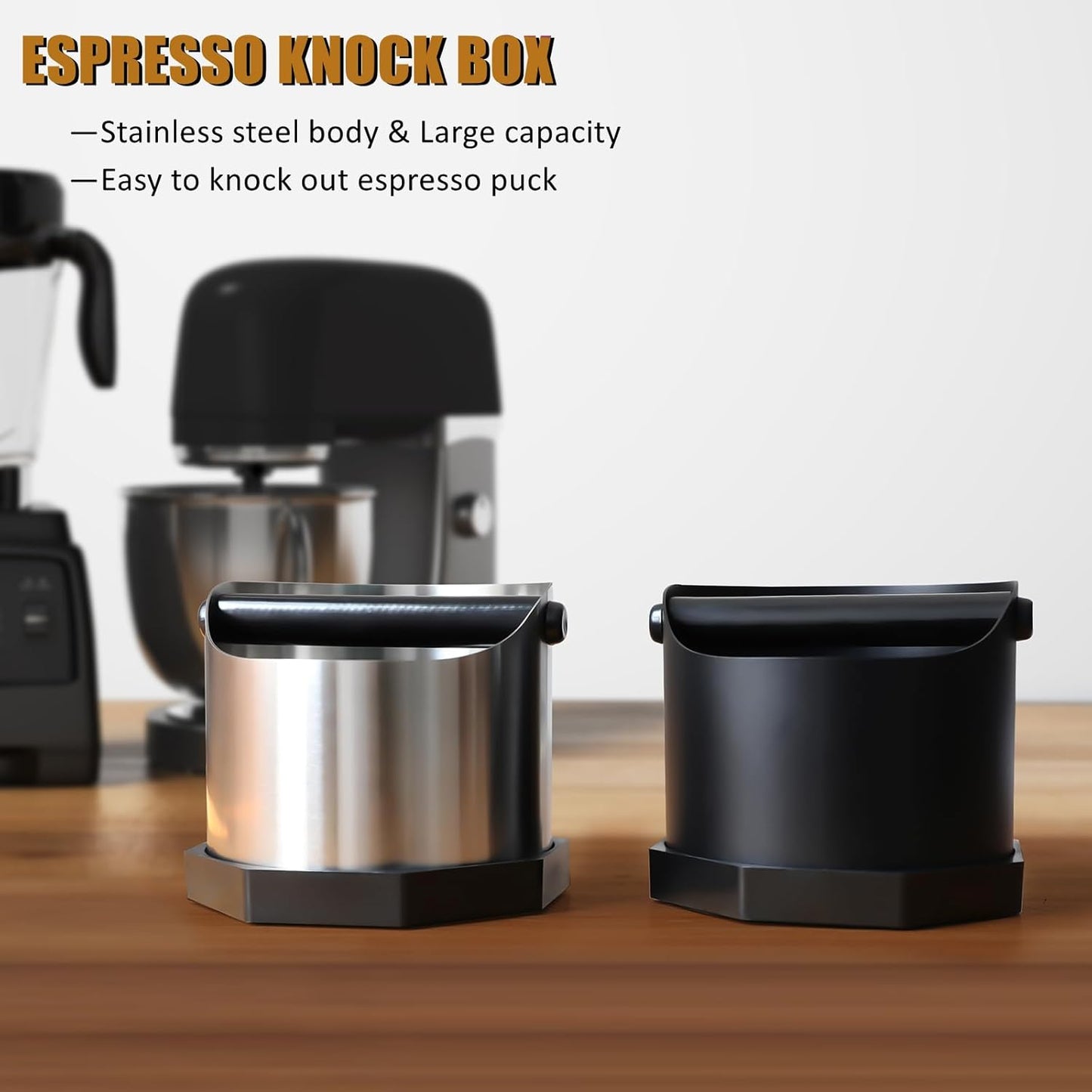 Coffee Knock Box, Large Capacity Espresso Knock Box with Non-Slip Base, Coffee Measuring Cup, Coffee Puck Knock Box Stainless Steel for Espresso Machine Coffee Grounds (Black)
