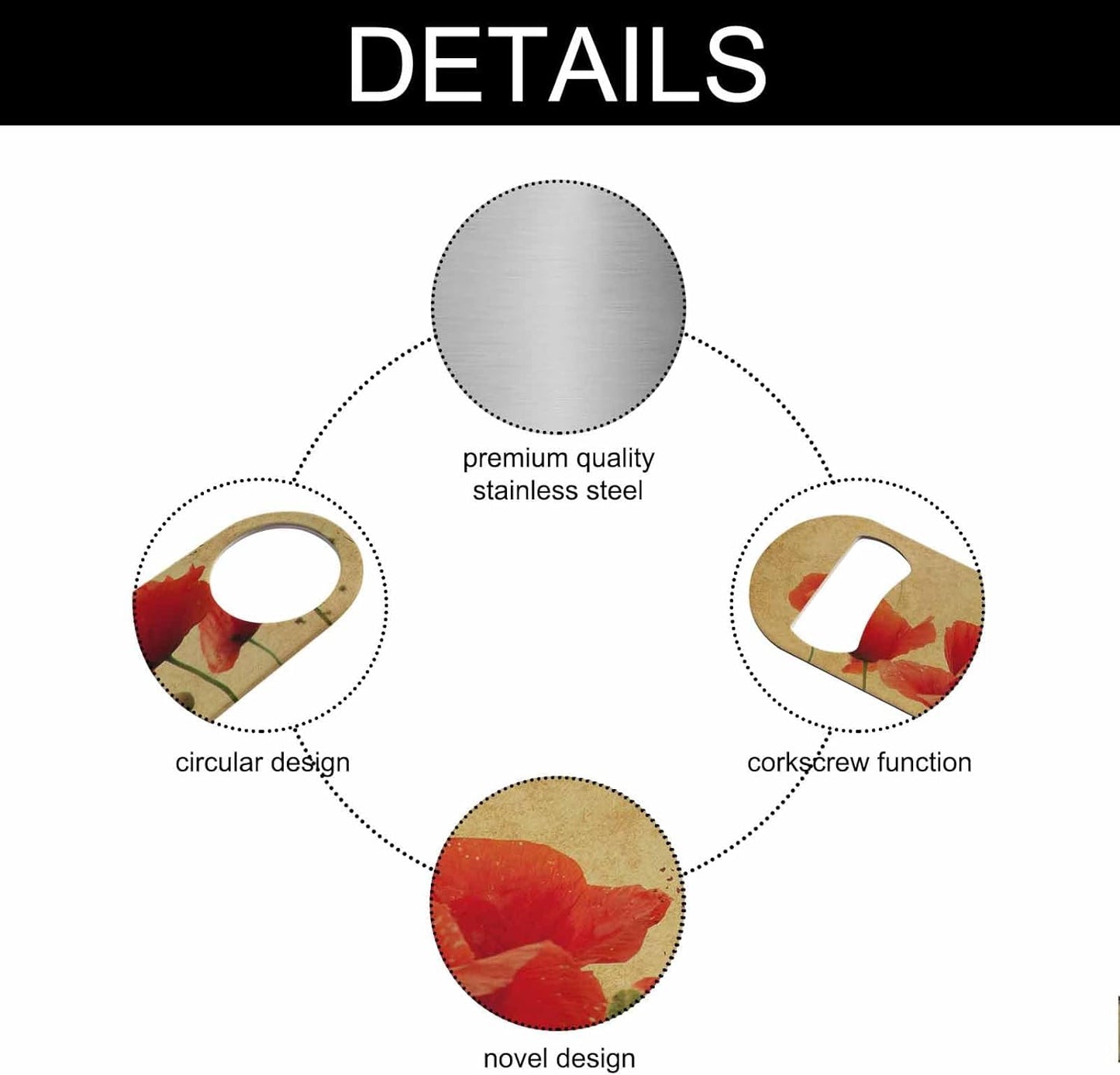 Red Poppies Flower Stainless Steel Bottle Opener Vintage Textures with Field Flower Rose Plant Nature Grass Flat Beer Bottle Opener Keychain for Home Kitchen Bar Restaurant Party Birthday Gift