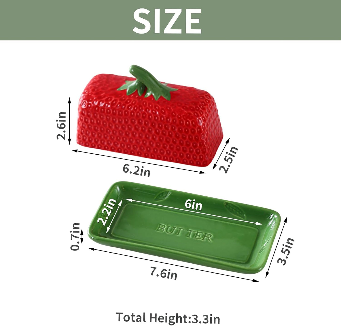 Strawberry Butter Dish with Lid, Ceramic ButterDish, Large Kitchen Strawberry Butter Holder, Serving Tray with Cover, Butter Storage Container, Holds 1 Stick (Red, Large)