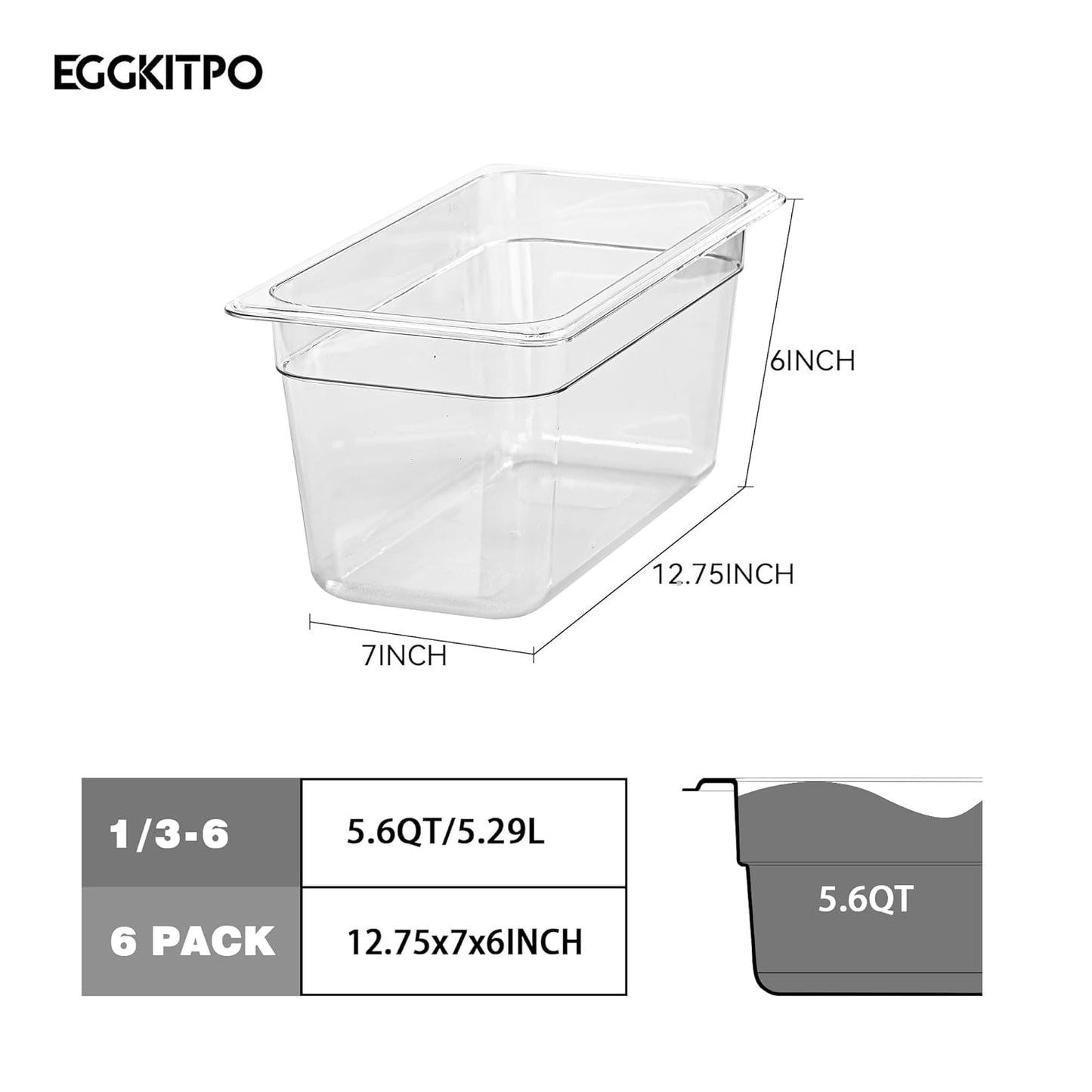 1/3 Size Food Containers 6 Pack 6 Inch Deep Pan Clear BPA free Polycarbonate Stackable Commercial Hotel Pan for Food Serving Freezer Safe