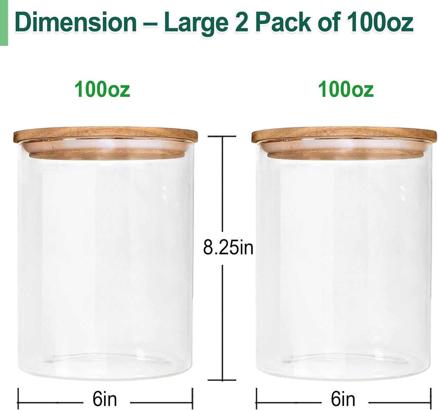Urban Green Glass Jars with Airtight Lids, Airtight Glass Canisters set, Large Food Storage Containers with Wood Lids, 2 Pack of 100oz， Dry Food Pantry Jars, Flour Containers