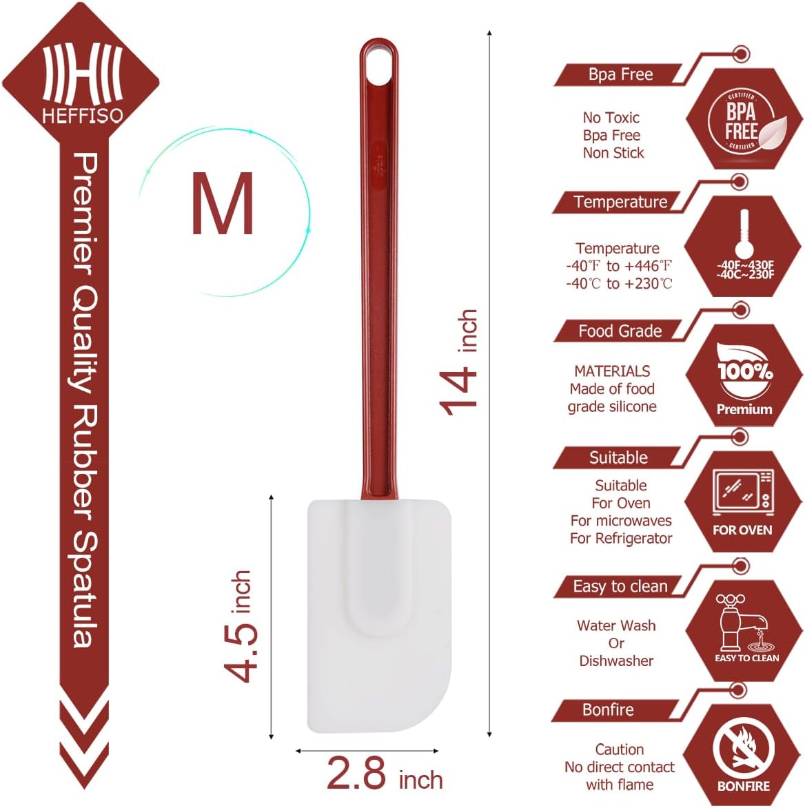 Kitchy Silicone Rubber Spatula and Spoon Set - High Heat Spatula Spoon, Commercial Cooking Set (1 Spoonula + 2 Scrapers, 14 Inches)