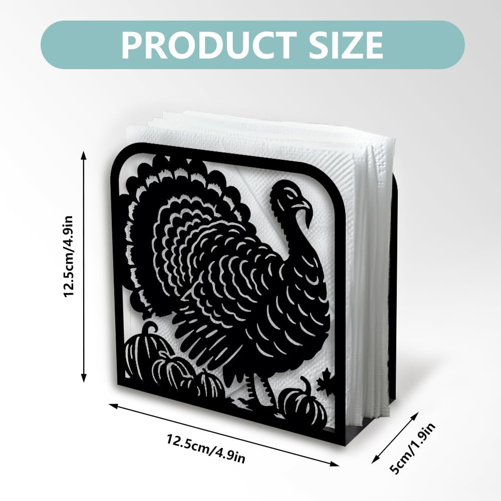 Turkey Decorative Black Metal Napkin Holder for Table, 4.9" x 4.9" x 1.9" Standing Napkin Holder for Home Kitchen Restaurant Picnic Party Coffee Bar Dining Room