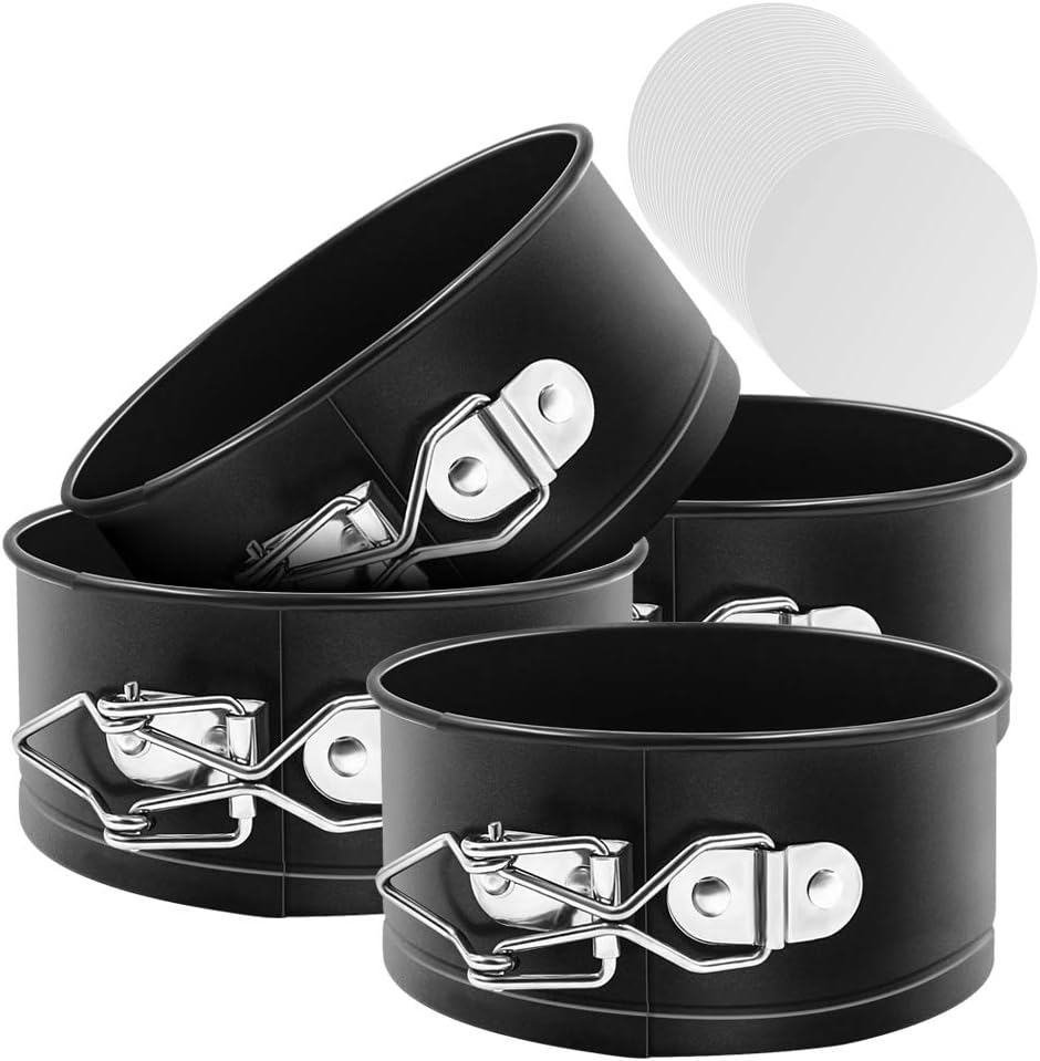 Springform Pan Set, 4-Inch Mini Cake Pan 4 Pack with 50 Pcs Parchment Paper Liners, Nonstick Leakproof for Mini Cheesecakes, Pizzas and Quiches