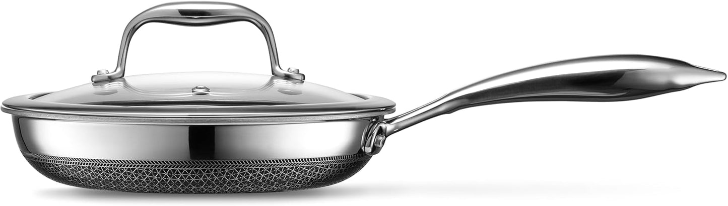 HexClad Hybrid Nonstick 8-Inch Frying Pan with Tempered Glass Lid, Stay-Cool Handle, Dishwasher-Friendly, Oven-Safe Up to 900°F, Induction Ready, Compatible with All Cooktops