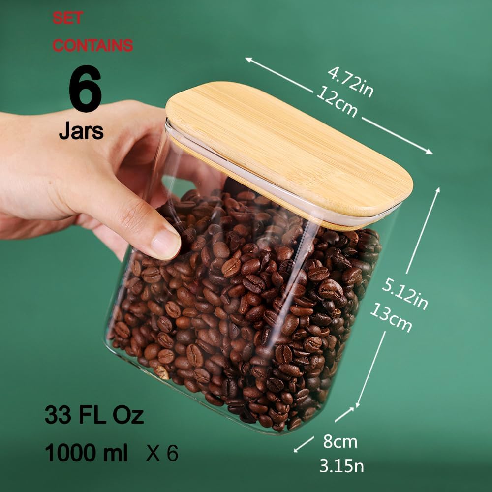 33OZ Airtight Glass Food Storage Containers with Lids - Set of 6 for Pantry, Cereal, Flour & Rice Dispensing - Rectangle Shapes with Bamboo Lids - Ideal for Kitchen Organization & Meal Prep