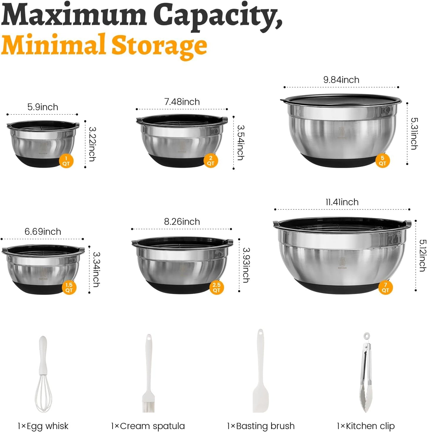 ROYDX Stainless Steel Mixing Bowls With BPA Free Airtight Lids &3 Grater Attachments,Non-Slip Bottoms- 33% Thick Metal Nesting Bowls for Mixing & Serving