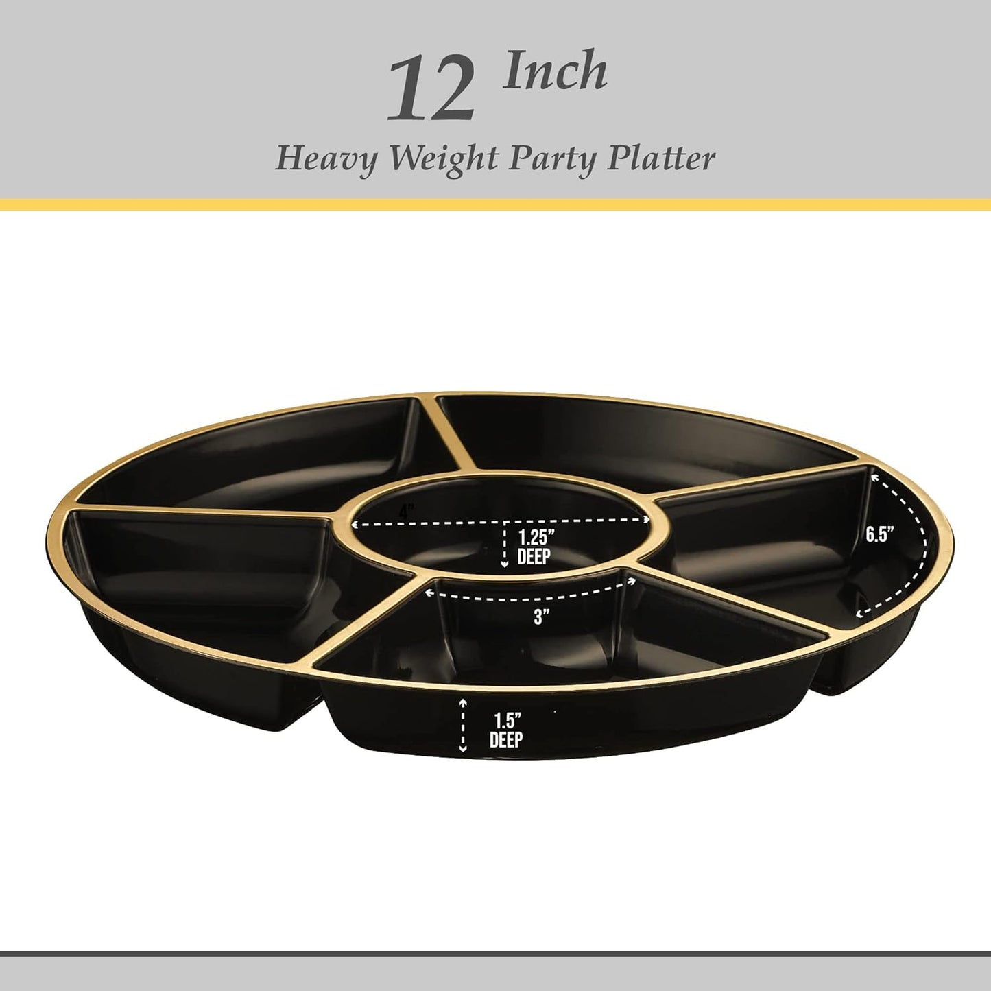 PLASTICPRO 6 Sectional Round Plastic Serving Tray/Platters Black & Gold Pack of 2