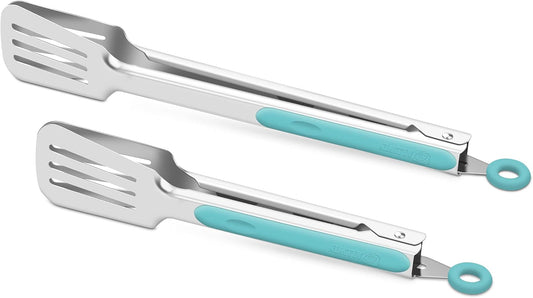 Premium 304 Stainless Steel Barbecue Turners, Heavy Duty Non-Stick BBQ Cooking Kitchen Tongs, 9" and 12" Aqua Sky
