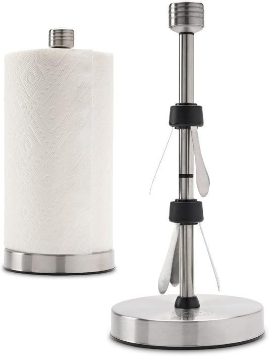 Stainless Steel Paper Towel Holder Designed for Easy One-Handed Operation - This Sturdy Weighted Paper Towel Dispenser Countertop Model Has Suction Cups and Holds All Paper Towel Rolls