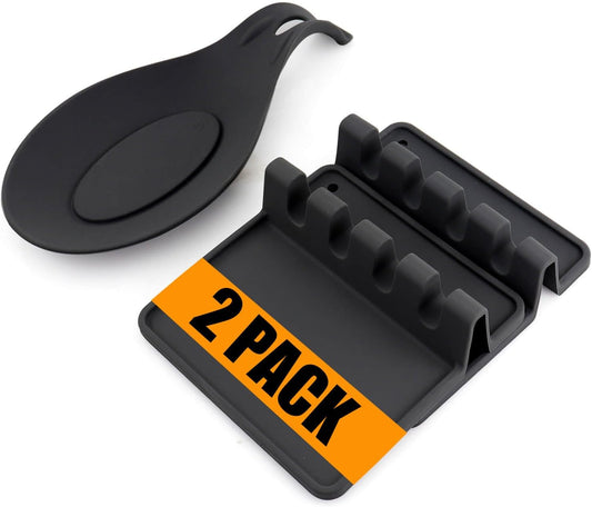 Kitchen Silicone Utensil Rest with Drip Pad-BPA-Free Heat-Resistant Spoon Rest for Stove Top - Spoon Rest for KitchenCounter - Kitchen Gadgets &Grill Utensil Holder-Black 3 Pcs